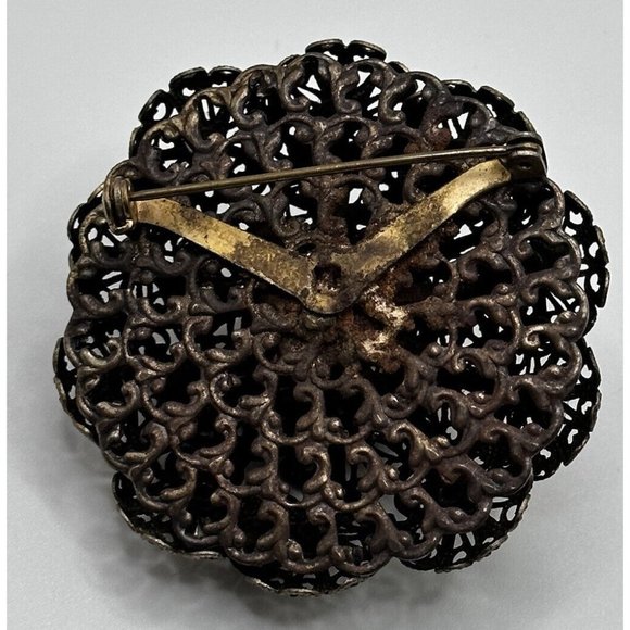 Vintage Czech Brass and Rhinestone Domed Filigree Pin Brooch - Picture 10 of 10